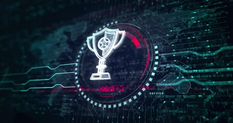 Gaming trophy winning gaming sport cup symbol abstract digital concept. Global network and cyber technology background seamless and looped 3d animation. - Powered by Adobe