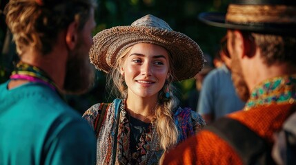 Young woman wearing a straw hat and a colorful dress. she is smiling and looking at the camera.