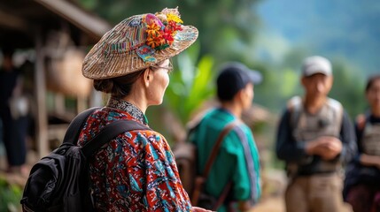 Woman wearing a large straw hat with colorful flowers on it. she is standing in front of a hut with a group of people in the background.