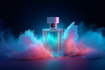 Perfume advertisement, fragrance and neon: still life of elegant perfume bottle surrounded by neon feathers and vapor mist.