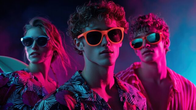 Three young people, two men and one woman, standing in front of a dark background with neon lights. they are all wearing colorful sunglasses with orange frames and have curly hair.