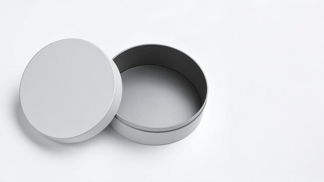 A simple, open round tin container with a slightly detached lid. Clean and versatile for showcasing product packaging, storage solutions, or minimalist design concepts.