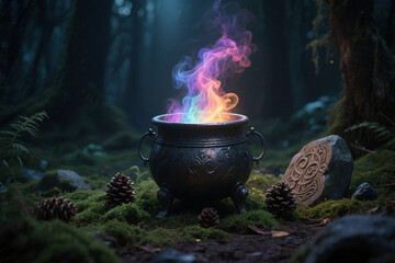 Enchanted Cauldron with Glowing Smoke in Forest – Mossy Ground and Witchy Details
