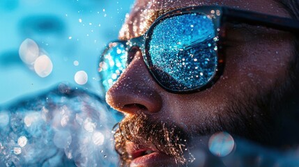 Close-up portrait of a man's face. he is wearing a pair of sunglasses with a blue frame and dark lenses. the lenses are covered in small droplets of water, creating a sparkling effect.
