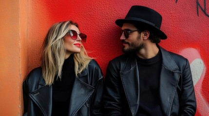 Young couple standing in front of a red wall with graffiti on it. the woman is on the left side of the image, wearing a black leather jacket and red sunglasses.