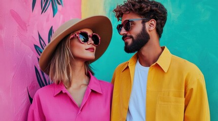 Young couple standing in front of a colorful wall with tropical leaves painted on it. the woman is wearing a pink shirt and a wide-brimmed hat, and she is also wearing pink sunglasses.