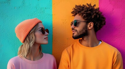 Young couple standing in front of a colorful wall. the woman is on the left side of the image, wearing a pink beanie and sunglasses.