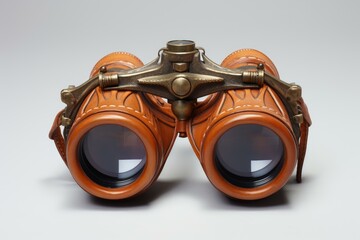 Leather covered antique binoculars with brass details are presented on a simple background, emphasizing their intricate craftsmanship and vintage appeal