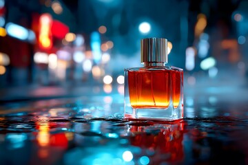 Perfume advertisement, fragrance and neon: urban night setting with perfume bottle glowing under neon streetlights, dramatic reflections, cinematic fragrance ad concept.