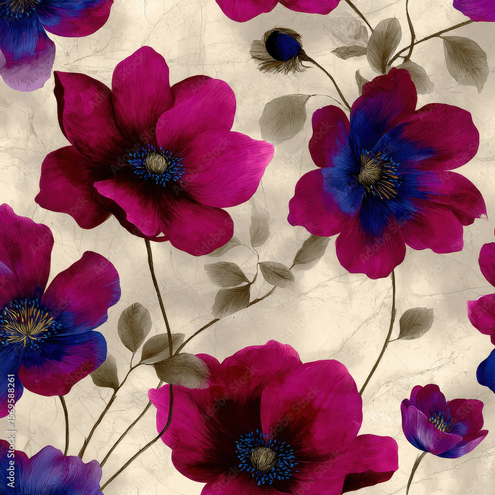 Poster seamless pattern of blooming tulips and anemones on a textured background for elegant design project