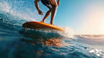 Surfer riding a wave in the ocean. the surfer is wearing a black wetsuit and is standing on an orange surfboard. the wave is splashing around the surfer as they ride it.