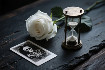 Symbolic Tarot Death Card with Rose and Hourglass – Dramatic Conceptual Flat Lay
