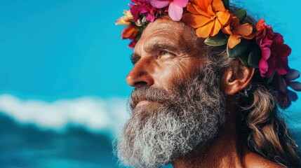 Close-up portrait of a man with a long white beard and a flower crown on his head. he is standing on a beach with the ocean in the background.