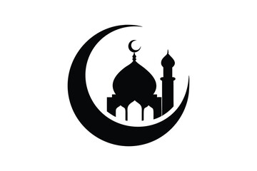 Islamic crescent moon embracing a mosque silhouette with a dome and minaret symbolizing faith culture and religious architecture in a clean graphic design