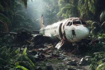 Naklejka premium A passenger airplane lies wrecked in the heart of a thick jungle. Surrounding vegetation is lush and overgrown, with debris strewn across the forest floor, suggesting a recent incident