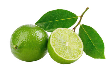 whole and sliced lime fruit with leaves on branch isolated on white or transparent png