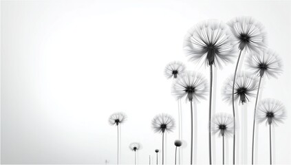 Abstract minimalist vector illustration of dandelion seeds floating on pure white background, flat design with sharp focus, low contrast cinematic lighting, detailed black and white organic pattern, s
