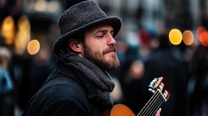 Man playing an acoustic guitar on a street. he is wearing a black hat and a gray scarf around his neck. he has a beard and is looking down at the guitar with a serious expression on his face.