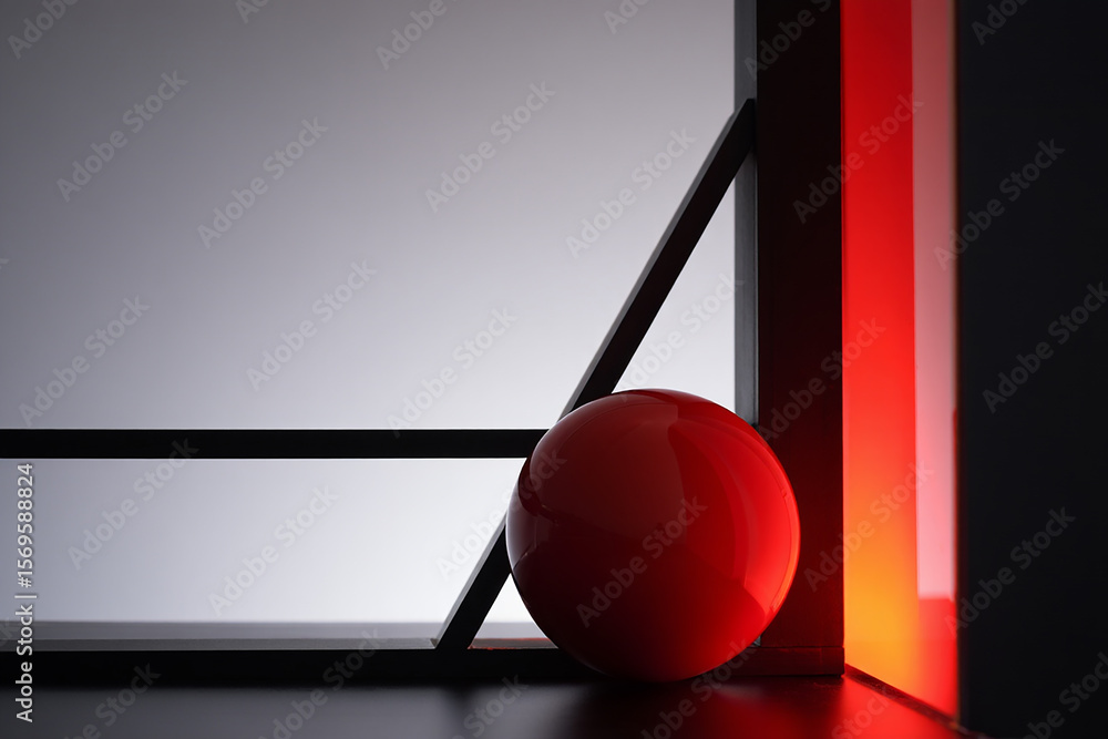 Poster red sphere illuminated by warm light in minimalist geometric setting