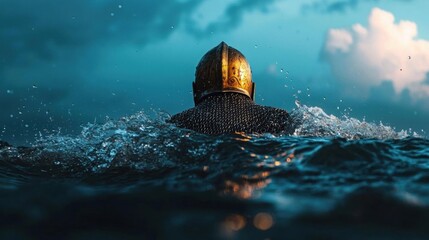 Person wearing a helmet with a chainmail design, swimming in the ocean. the helmet is golden in color and appears to be made of metal.
