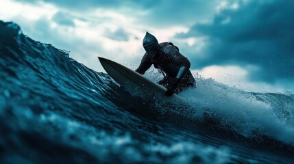 Surfer riding a wave in the ocean. the surfer is wearing a full suit of armor and a helmet, and is riding a white surfboard.