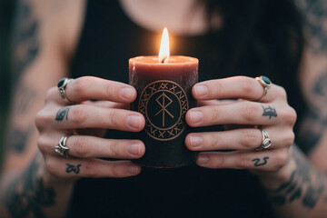 Witchy Hands Holding Rune Candle – Rings, Tattoos, Fire Glow, Mystical Ritual Mood