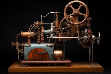 Intricate machine with copper and steel components, showcasing gears, wheels, and levers, suggesting industrial or technological concept