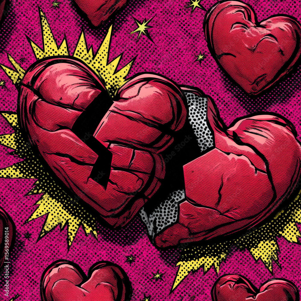 Aufkleber seamless pattern of broken hearts with sparkles on a bold pop art background