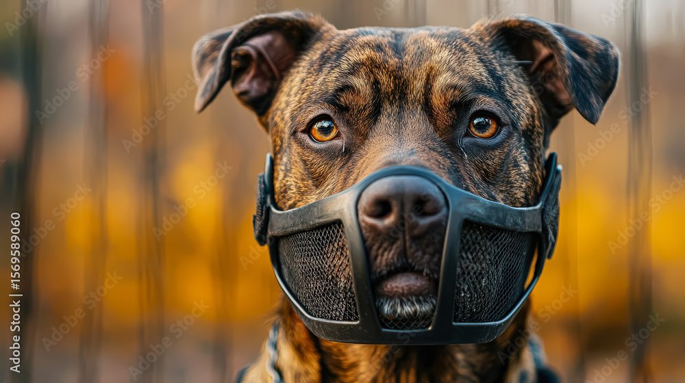 Poster dog with a muzzle on its face. the muzzle is black and has a mesh design. the dog is looking at the 