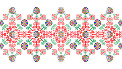 Hmong ethnic pattern, a pattern combining spiral and triangle patterns that resemble mountains, mixed with red and green.