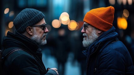 Two men standing on a street at night, facing each other and engaged in a conversation. the man on the left is wearing a black beanie and a black jacket, and has a backpack slung over his shoulder.