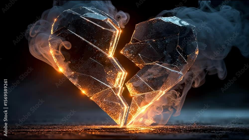 Aufkleber a broken heart that burns and smokes, creating an effect of destruction and fire.
