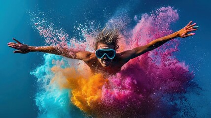 Young man with his arms stretched out wide, splashing colorful powder in the air. he is wearing a pair of blue goggles and has a big smile on his face.