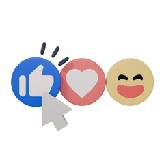3D rendering of like, love, and happy reaction icons with a cursor.