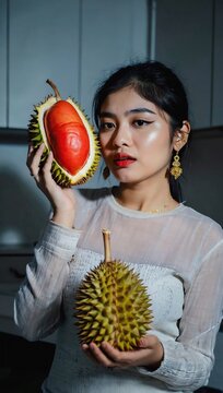 Naklejki Asian woman is holding orange durian in her kitchen.