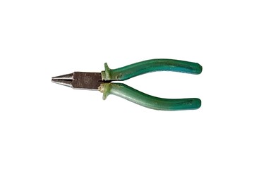 Vintage pliers with worn blue-green handles isolated on white background.