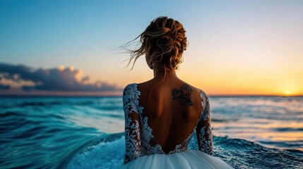 Woman standing on the edge of a cliff overlooking the ocean at sunset. she is wearing a white wedding dress with intricate lace detailing on the back and a long train.