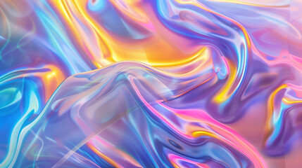 Fluid abstract art with swirling, iridescent colors. The dynamic composition features blues, pinks, and yellows, creating a mesmerizing, holographic effect.