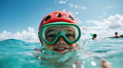 Young boy swimming in the ocean. he is wearing a red helmet with a watermelon design on it and green goggles. the boy is smiling and appears to be enjoying himself as he swims through the water.