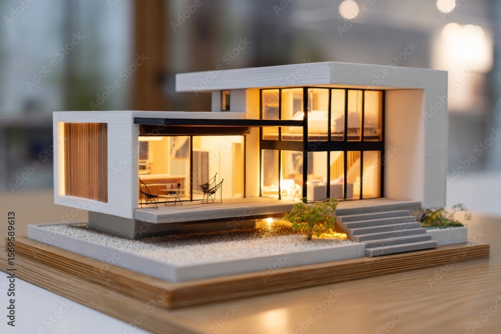 Poster a meticulously crafted 3d printed model showcases a modern house with large glass windows and intric
