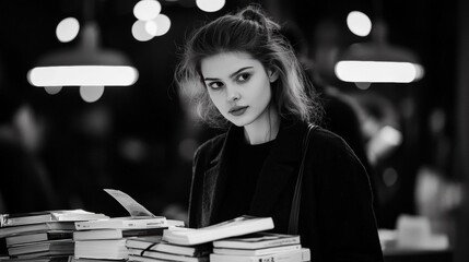 Black and white portrait of a young woman standing in front of a stack of books. she is wearing a black coat and has her hair styled in loose curls.