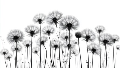 Abstract minimalist vector illustration of dandelion seeds floating on pure white background, flat design with sharp focus, low contrast cinematic lighting, detailed black and white organic pattern, s