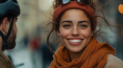 Close-up portrait of a young woman with a big smile on her face. she is wearing a brown beanie and a scarf around her neck.