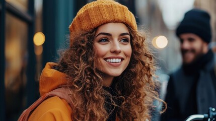 Portrait of a young woman with curly hair, wearing a bright orange beanie and a yellow jacket. she is smiling and looking directly at the camera.