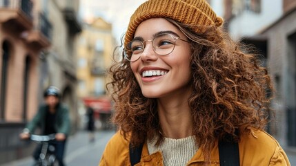Portrait of a young woman with curly hair, wearing a yellow beanie and glasses. she is standing on a street with buildings on either side and a person riding a bicycle in the background.