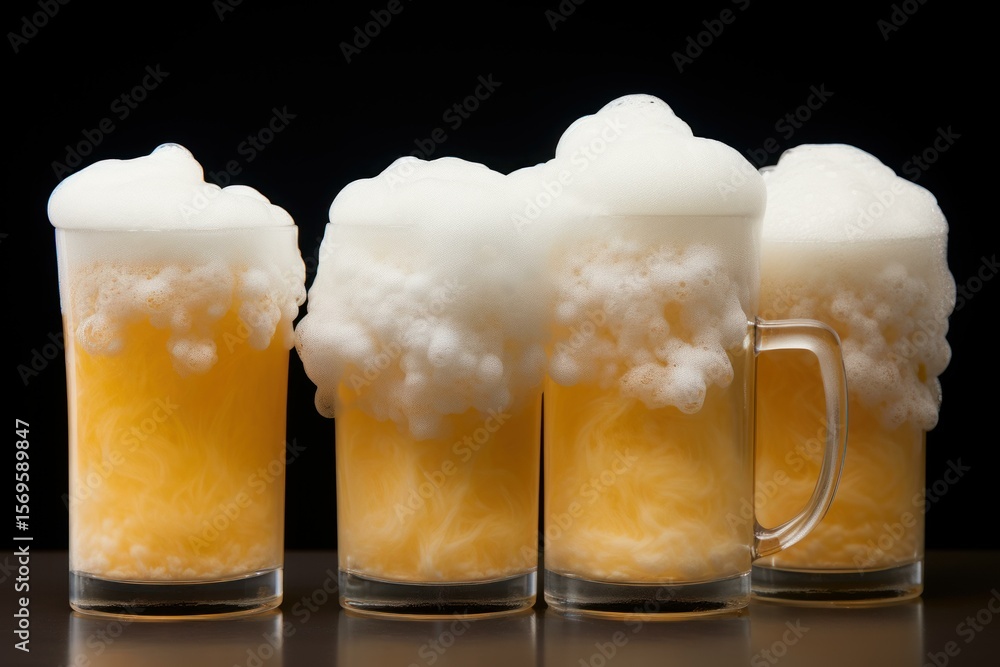 Poster four glasses of beer with overflowing white foam on a dark background, creating a refreshing and inv