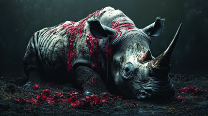 Rhino is lying on the ground with blood on it. The image has a dark and eerie mood, with the blood and the rhino's lifeless appearance creating a sense of horror and unease