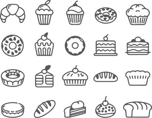 Baked goods assortment silhouette icons croissant cupcake