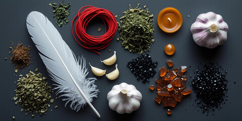 Dark Magic Flat Lay with Spell Ingredients – Feather, Garlic, Herbs, Black Salt & Wax