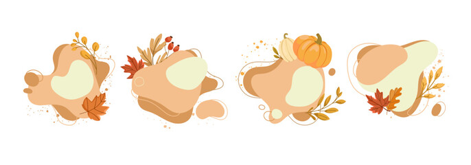 Set of abstract autumn shapes with fluid designs, fall leaves, branches, and pumpkins in warm seasonal tones, seasonal banners, social media posts, packaging, and autumn marketing designs. Vector